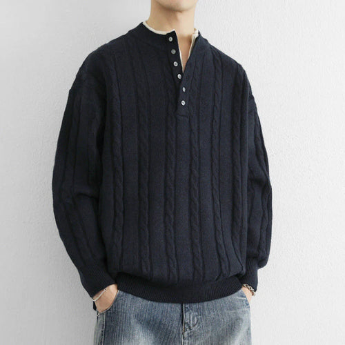 Buddha Stones Winter V-Neck Buttons Twisted Design Warm Men's Long Sleeve Knitted Sweater