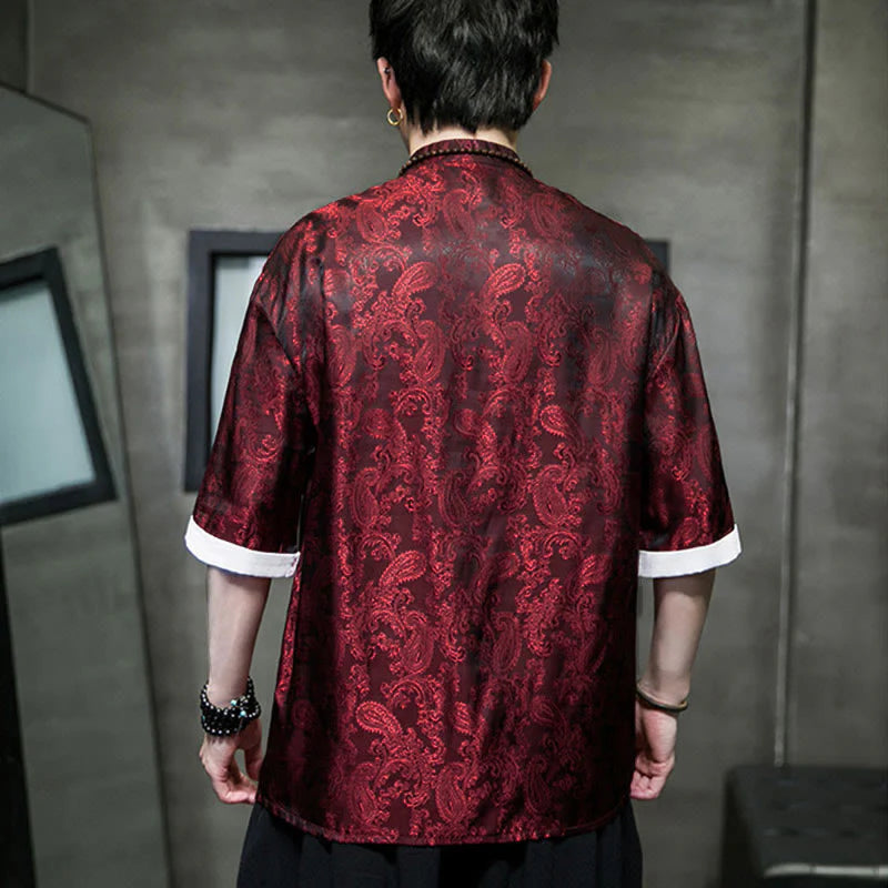 Buddha Stones Summer Cashew Flowers Pattern Men's Frog-Button Half Sleeve Shirts