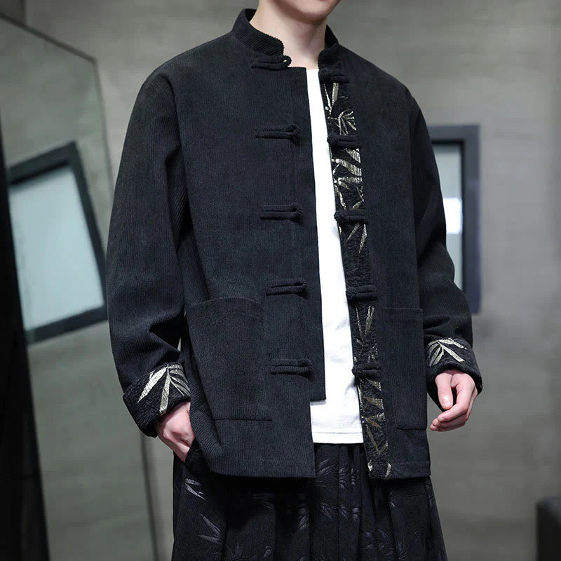 Buddha Stones Fall Bamboo Frog-Button Long Sleeve Men's Corduroy Cotton Jacket With Pockets