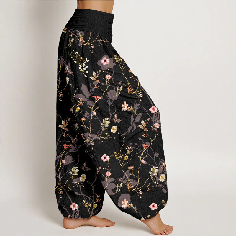 Buddha Stones Pure Cotton Retro Flowers Leaves Branches Pattern Women's Elastic Waist Harem Pants
