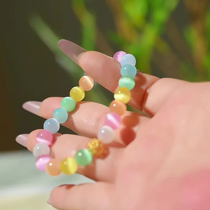 Buddha Stones Hollow Design Multicolor Cat's Eye Round Beads Positive Bracelet