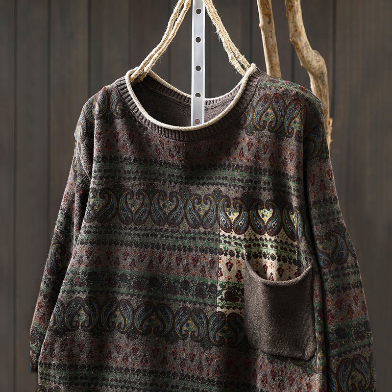 Buddha Stones Fall Plant Floral Pattern Crew Neck Long Sleeve Women's Cotton Sweater With Pocket