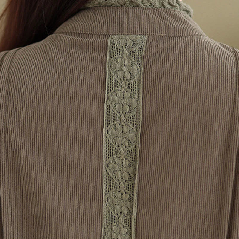 Buddha Stones Winter Pleated Buttons Down Long Sleeve Corduroy Women's Midi Dress With Pockets