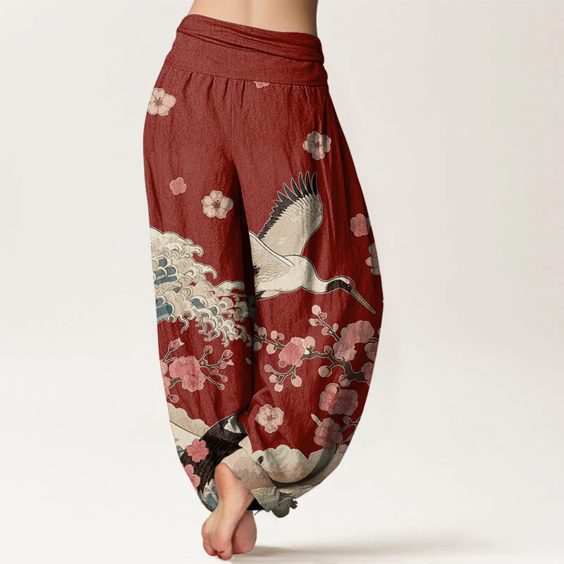 Buddha Stones Pure Cotton Cranes Peach Blossoms Ocean Women's Elastic Waist Harem Pants