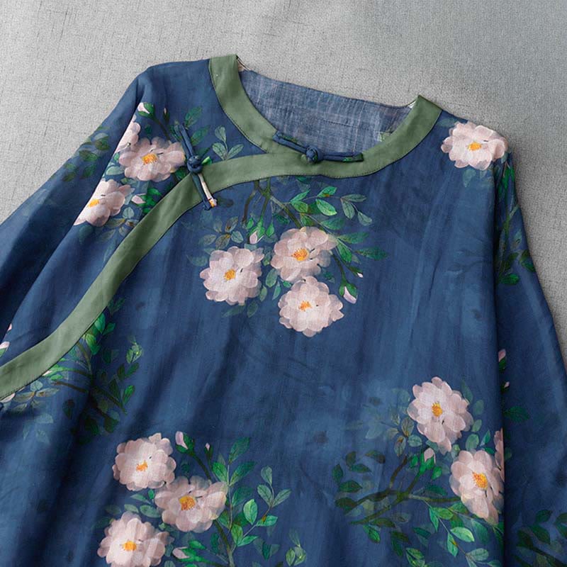 Buddha Stones Frog-Button Orchid Pomegranate Flowers Pattern Side Slit Design Half Sleeve Midi Dress