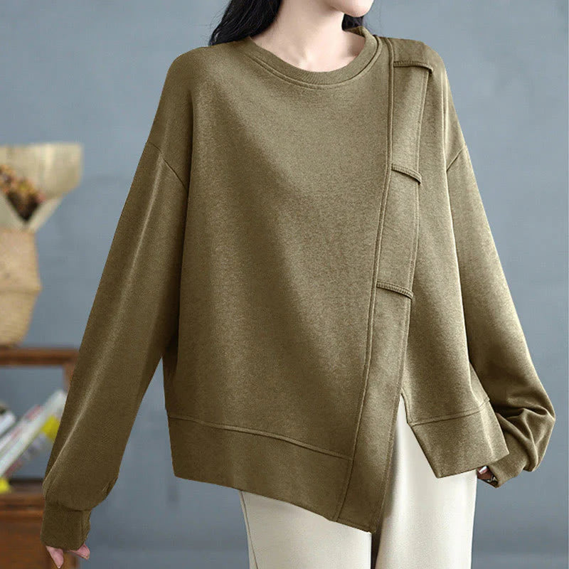 Buddha Stones Fall Solid Color Asymmetrical Design Crew Neck Long Sleeve Women's Cotton Sweatshirt