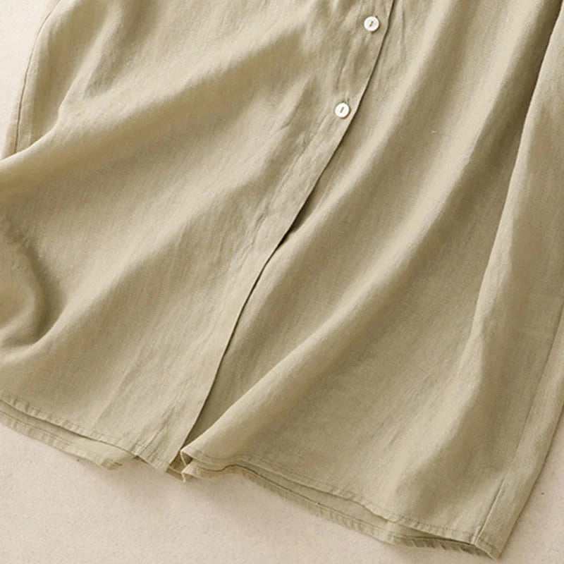 Buddha Stones Fall Commute Plain Buttons Design Long Sleeve Cotton Midi Dress With Pockets