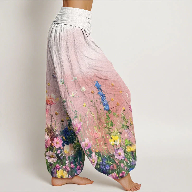 Buddha Stones Cotton Casual Watercolor Style Floral Pattern Women's Elastic Waist Harem Pants