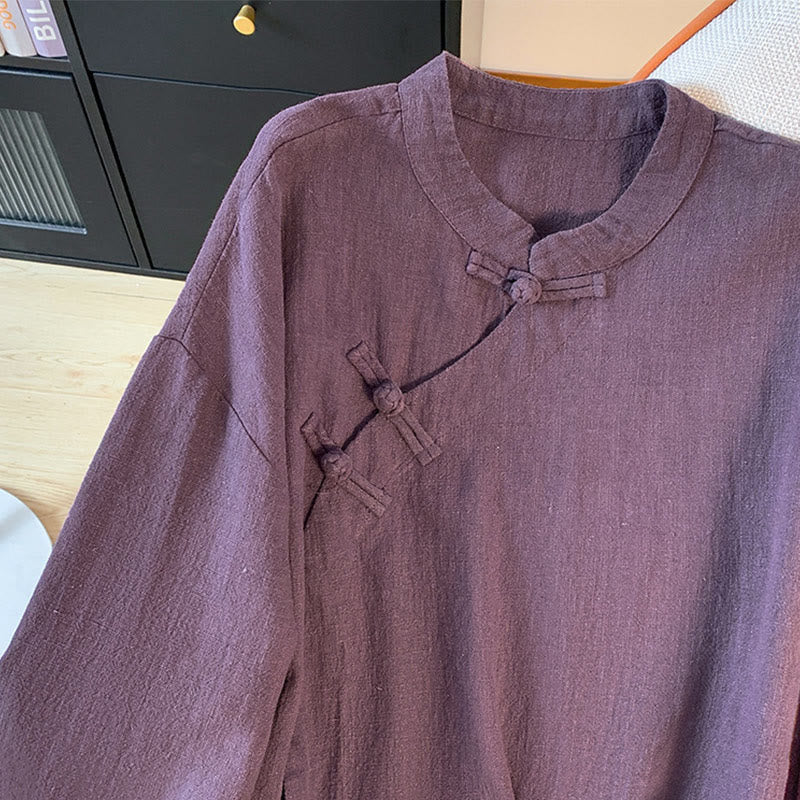 Buddha Stones Casual Women's Plain Frog-Button Stand Collar Design Long Sleeve Shirt