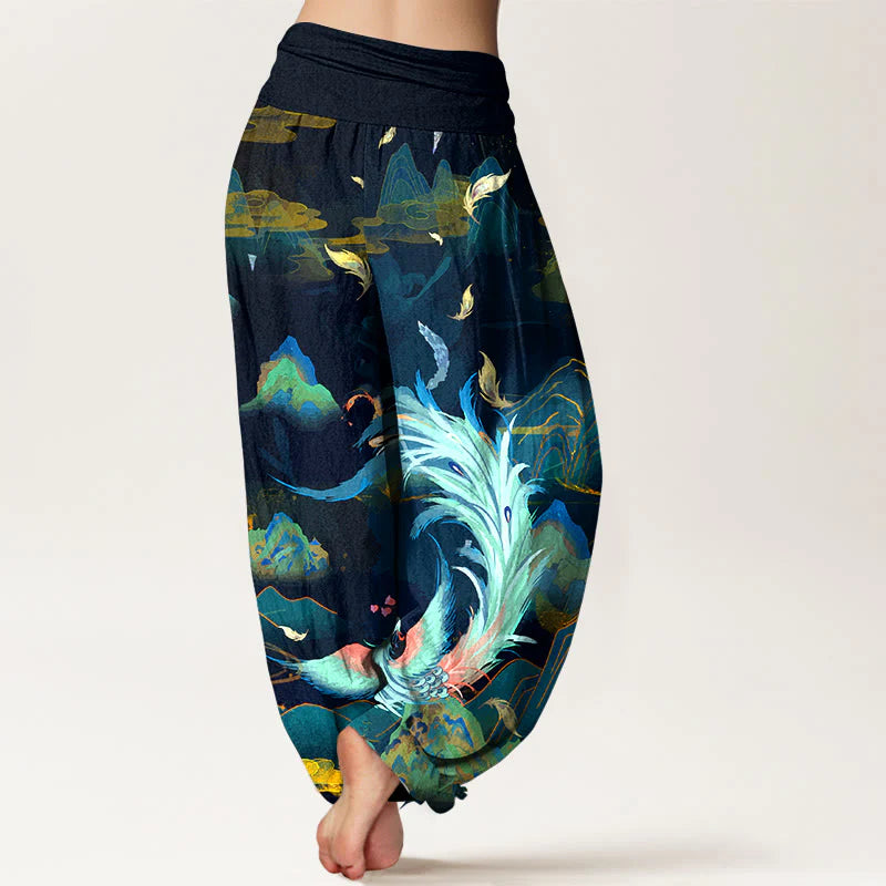 Buddha Stones Pure Cotton Gorgeous Phoenix Mountain Cloud Pattern Women's Elastic Waist Harem Pants