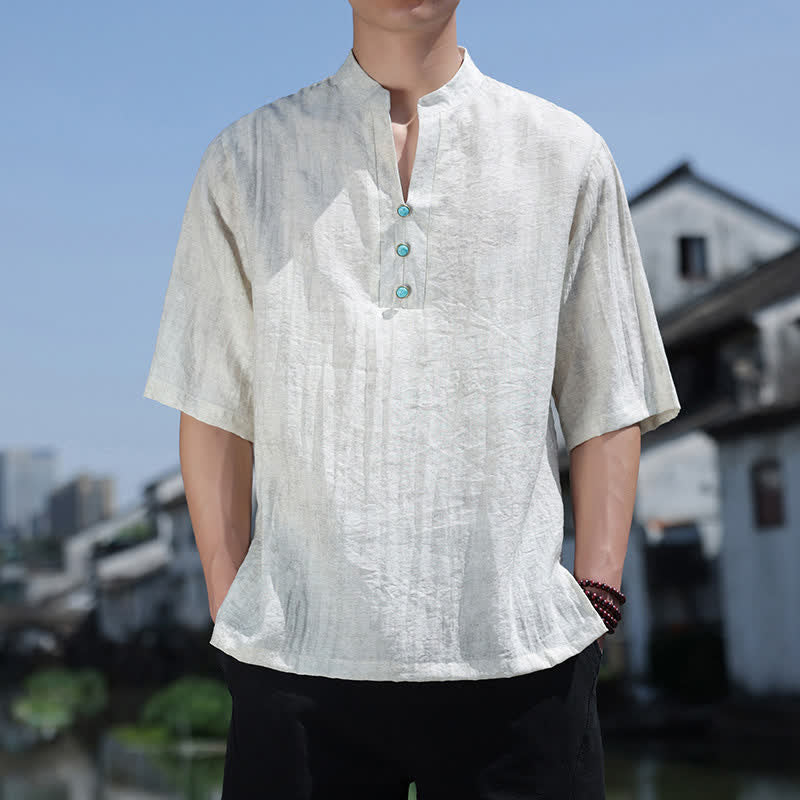 Buddha Stones Summer Dai Ethnic Short Sleeve Men's Notched Collar Button T-Shirt