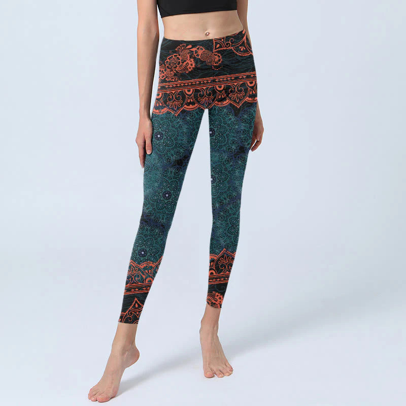 Buddha Stones Green Mandala Flower Print Gym Fitness Leggings Women's Yoga Pants