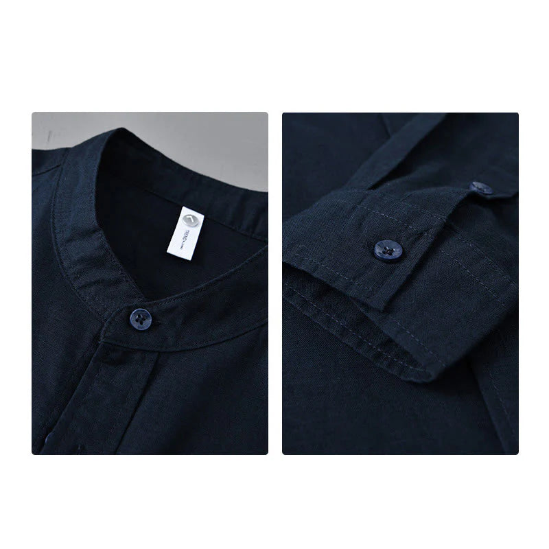Buddha Stones Men's Long Sleeve Stand Collar With Pocket Pure Color Casual Cotton Linen Shirt