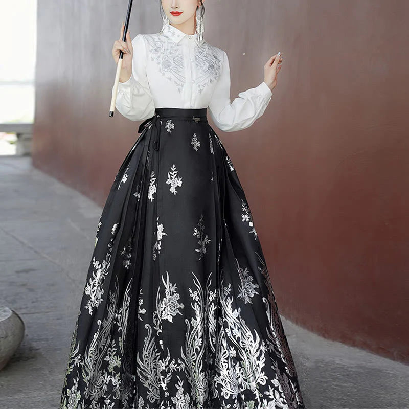 Buddha Stones Flowers Leaves Feathers Long Sleeve Shirt Top Chinese Hanfu Ming Dynasty Horse Face Skirt Mamianqun Skirt (Extra 30% Off | USE CODE: FS30)