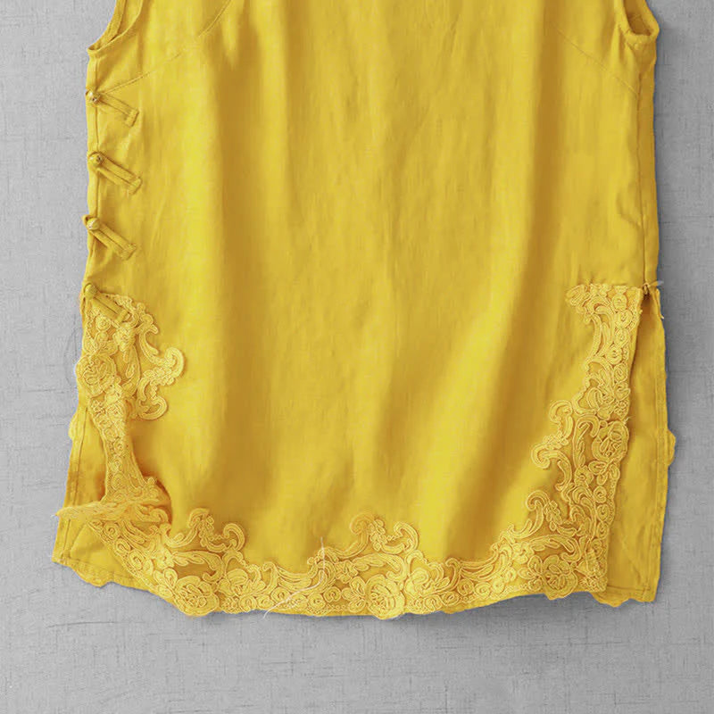Buddha Stones Chinese Frog-Button Lace Patchwork Design Stand Collar Women's Cotton Sleeveless Vest