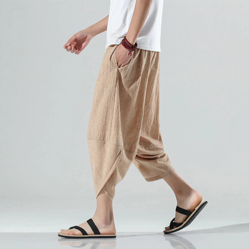 Buddha Stones Plain Simple Design Drawstring 7-8 Length Linen Men's Harem Pants With Pockets