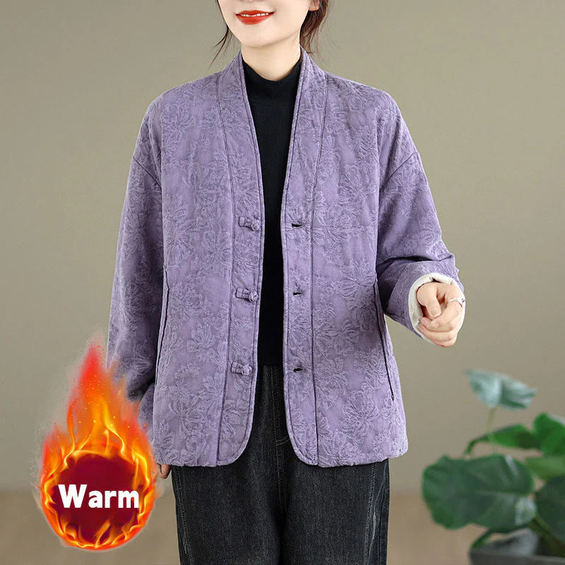 Buddha Stones Winter V-Neck Jacquard Frog-Button Cotton Long Sleeve Women's Thermal Jacket With Pockets