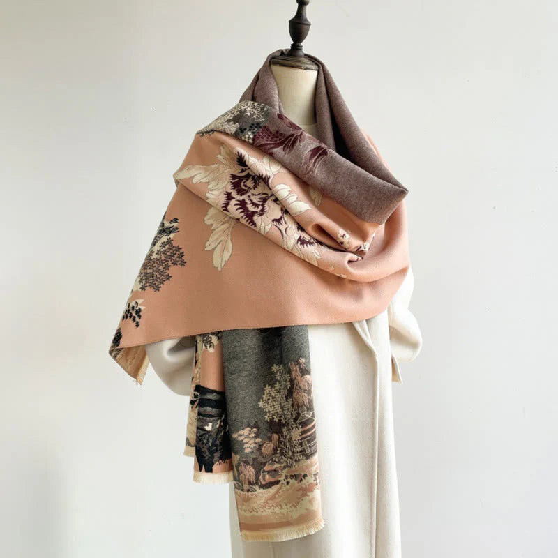 Buddha Stones Fall Flowers Trees Pavilion Pattern Cozy Scarf Shawl