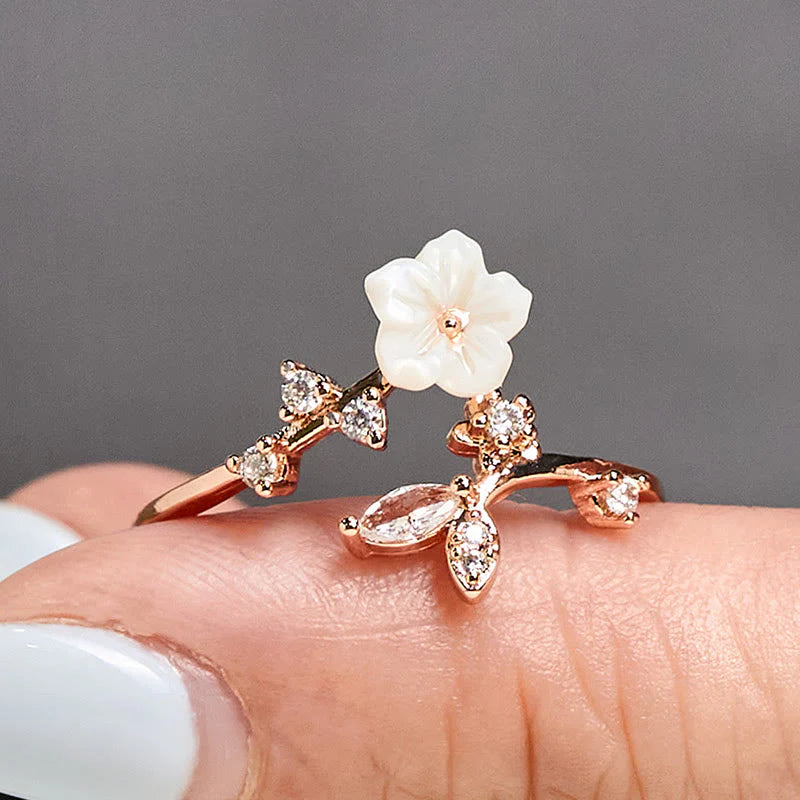 Buddha Stones White Flower Design Adjustable Healing Copper Ring