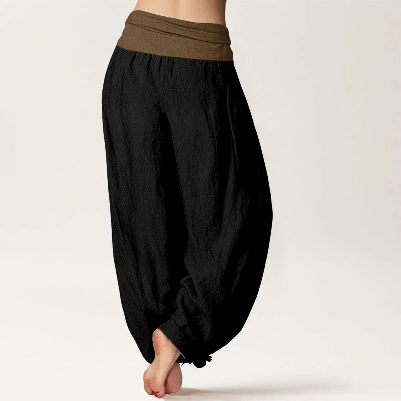 Buddha Stones Cotton Black Green Tan Solid Color Women's Elastic Waist Harem Pants