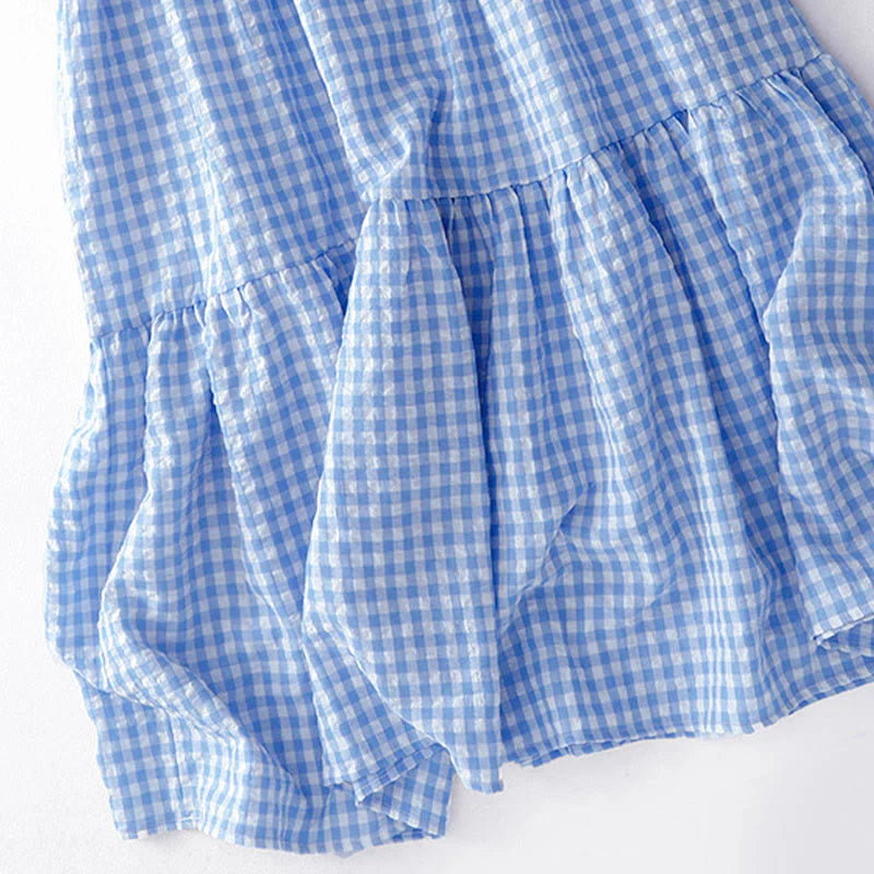 Buddha Stones Crew Neck Sleeveless Plaid Summer Cotton Knee Length Dress