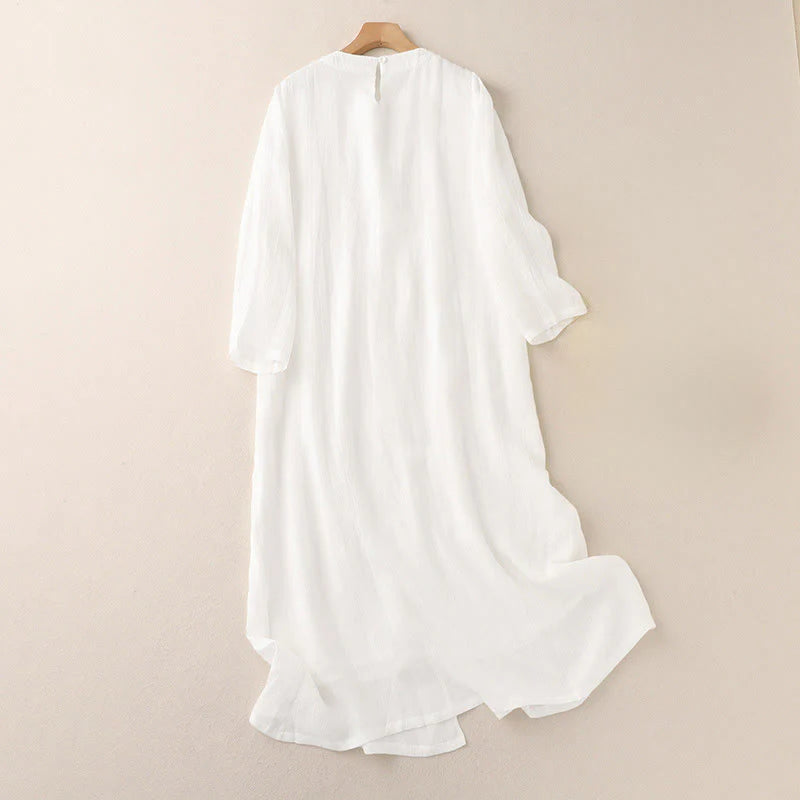 Buddha Stones Commute Solid Color Embroidery Double Layer Crew Neck Long Sleeve Cotton Midi Dress