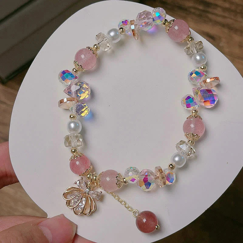 Buddha Stones Natural Strawberry Quartz Pearl Shell Positive Bracelet