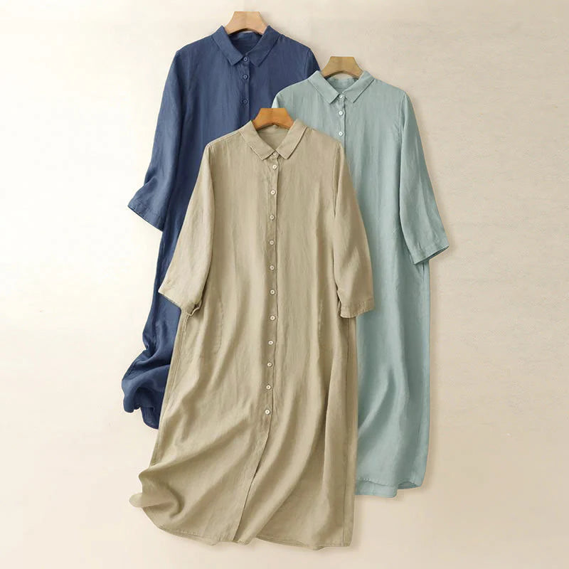 Buddha Stones Fall Commute Plain Buttons Design Long Sleeve Cotton Midi Dress With Pockets