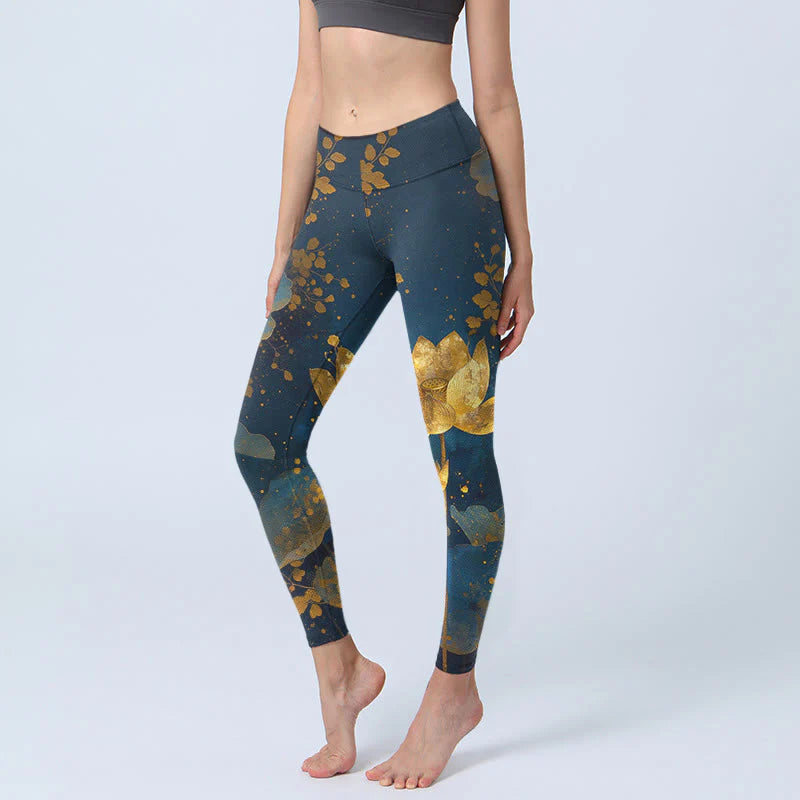 Buddha Stones Elegant Dignified Lotus Flower Leaf Spot Pattern Print Gym Leggings Women's Yoga Pants