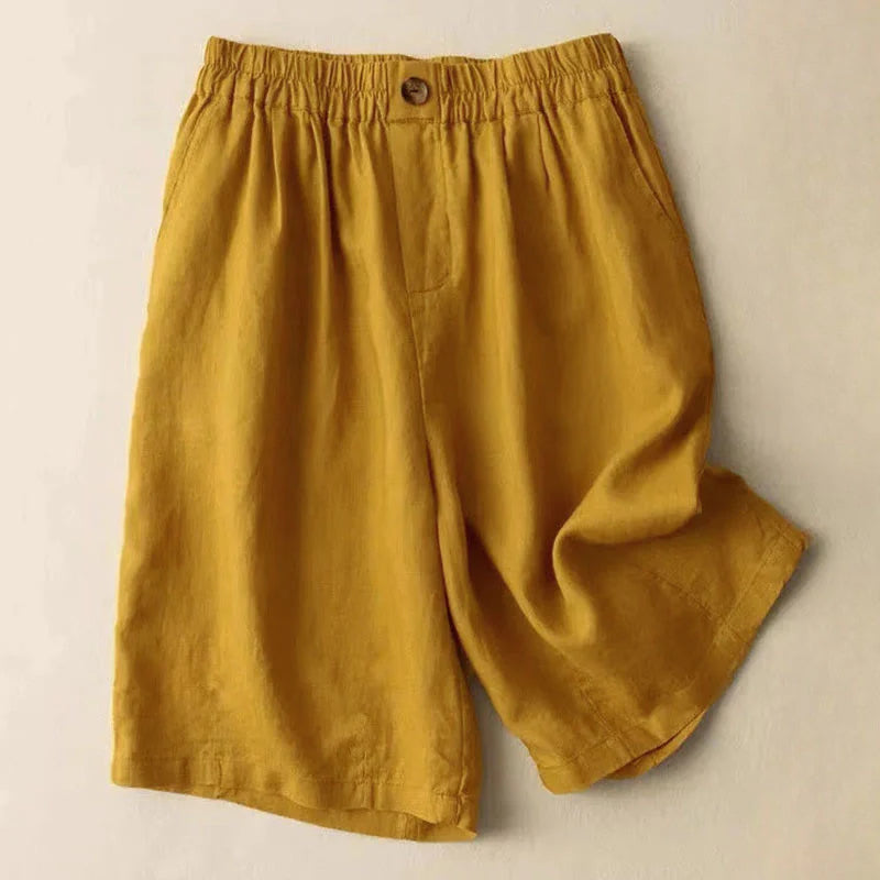 Buddha Stones Summer Casual Plain Zipper Button Cotton Linen Women's Shorts With Pockets