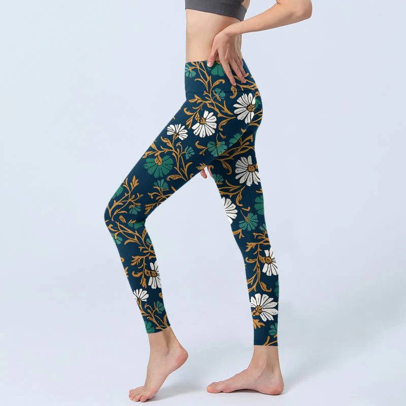 Buddha Stones Retro Pastoral Style Flowers Vines Pattern Print Gym Leggings Women's Yoga Pants