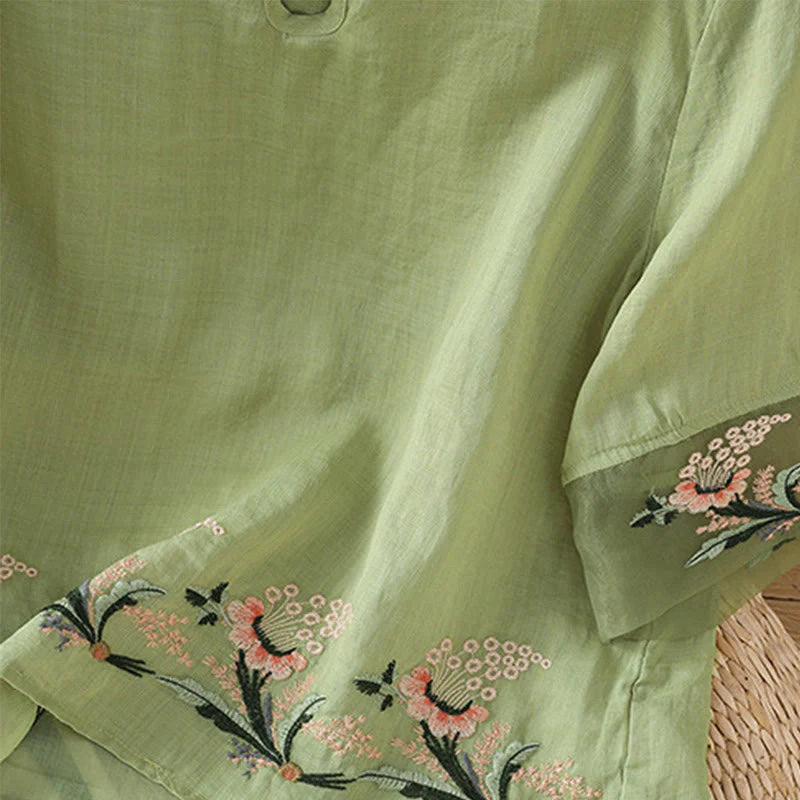 Buddha Stones Casual Floral Embroidery Crew Neck Women's Frog-Button Polyester Half Sleeve Shirt