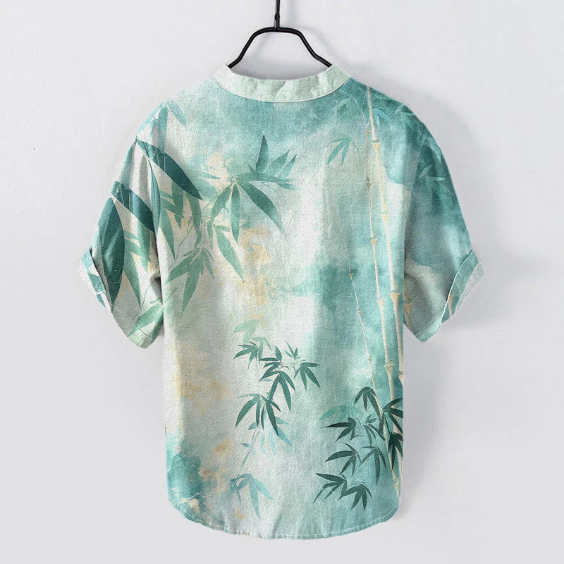 Buddha Stones Cotton Bamboo Pattern Men's Short Sleeve Half Button Shirt