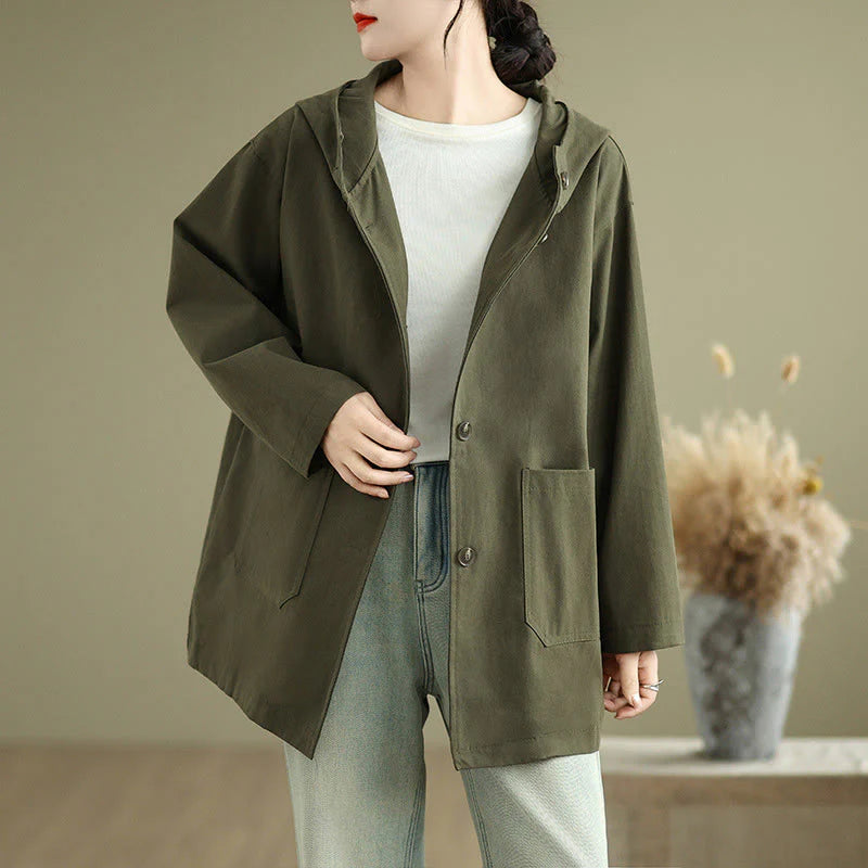 Buddha Stones Fall Vintage Hoodie Women's Cotton Linen Jacket With Front Pockets