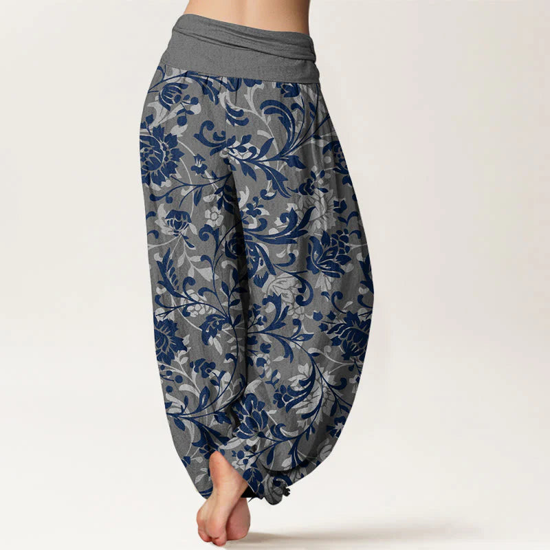 Buddha Stones Cotton Understated Luxury Flower Vine Pattern Women's Elastic Waist Harem Pants