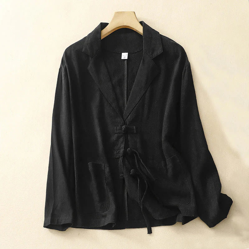 Buddha Stones Women's Cotton Linen Frog-Button Long Sleeve Jacket With Pockets