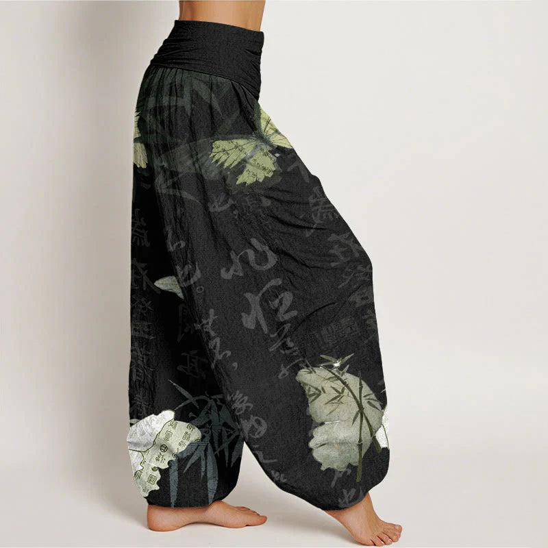 Buddha Stones Cotton Butterfly Bamboo Leaves Chinese Characters Pattern Women's Elastic Waist Harem Pants