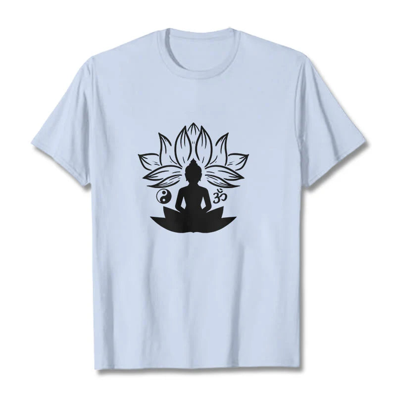 Buddha Stones Om Yin Yang Buddha Statue Sitting Lotus Meditation Tee T-shirt