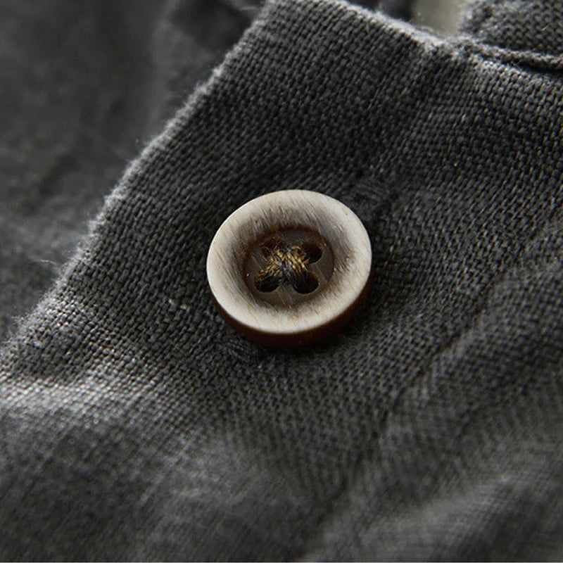 Buddha Stones Fall Solid Color Buttons Down Stand Collar Three Quarter Sleeve Linen Men's Shirt With Pockets