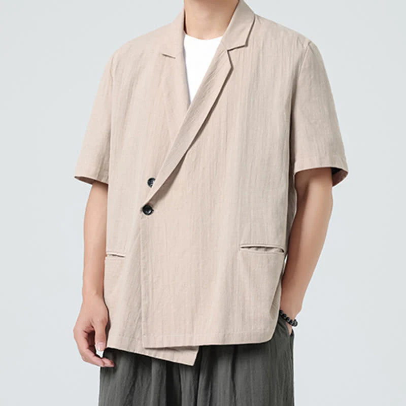 Buddha Stones Spring Plain Asymmetrical Lapel Collar Short Sleeve Men's Cotton Linen Shirt With Pockets