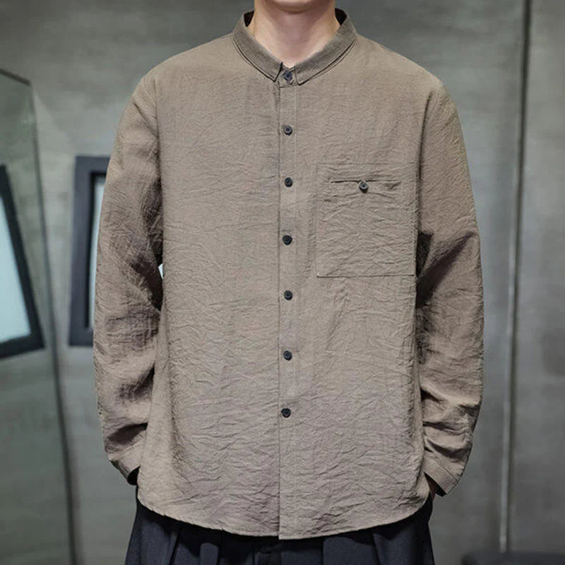 Buddha Stones Spring Men's Solid Color Buttons Design Long Sleeve Shirt