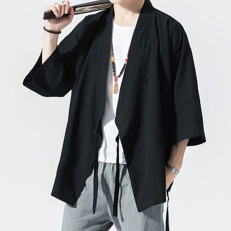Buddha Stones Tang Suit Open Front Jacket Cotton Linen Men's Three Quarter Sleeve Kimono