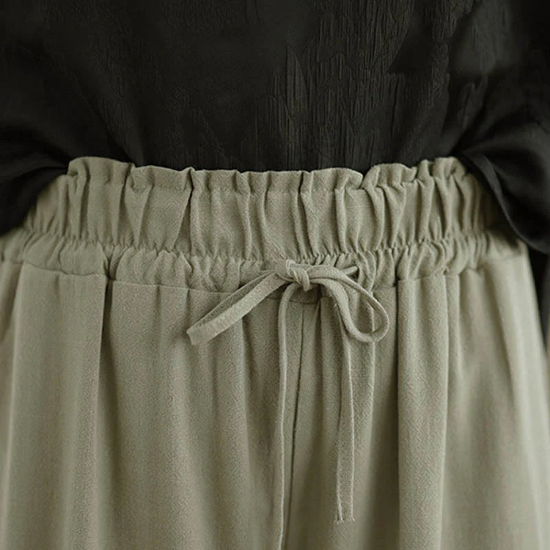 Buddha Stones Women's Pure Color Drawstring Cotton Linen Wide Leg Ankle-Length Pants With Pockets