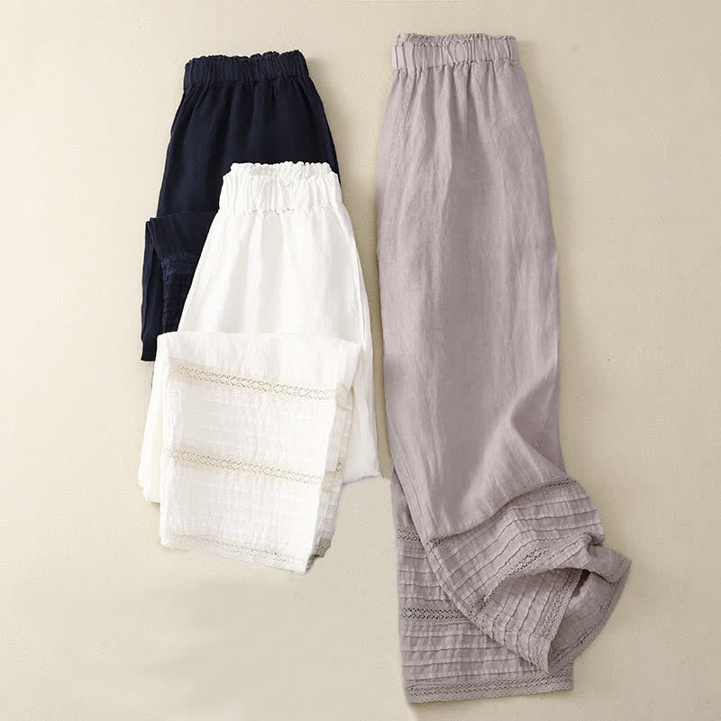Buddha Stones Spring Elastic Waist Lace Pleated Hem Cotton Women's Pants With Pockets
