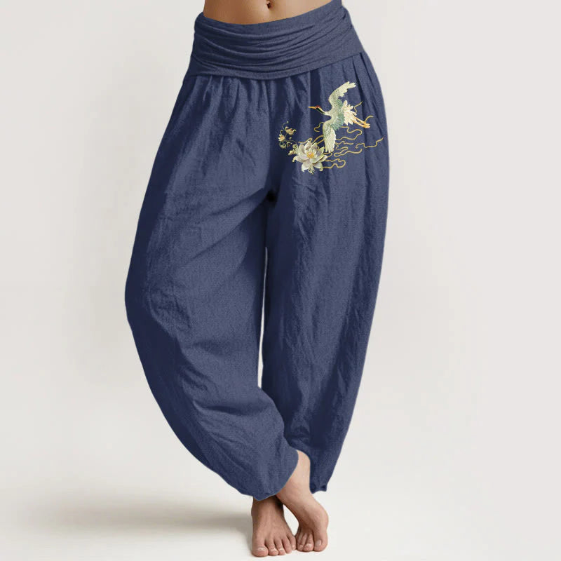Buddha Stones Cranes Lotus Pattern Pure Cotton Women's Elastic Waist Harem Pants