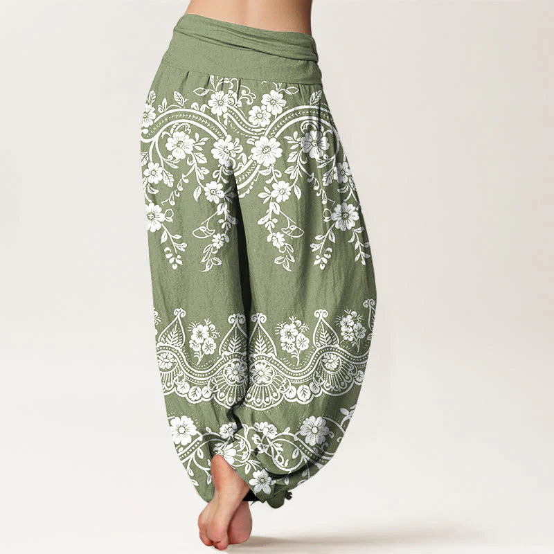 Buddha Stones Cotton Traditional Flower Vine Leaf Pattern Women's Elastic Waist Harem Pants