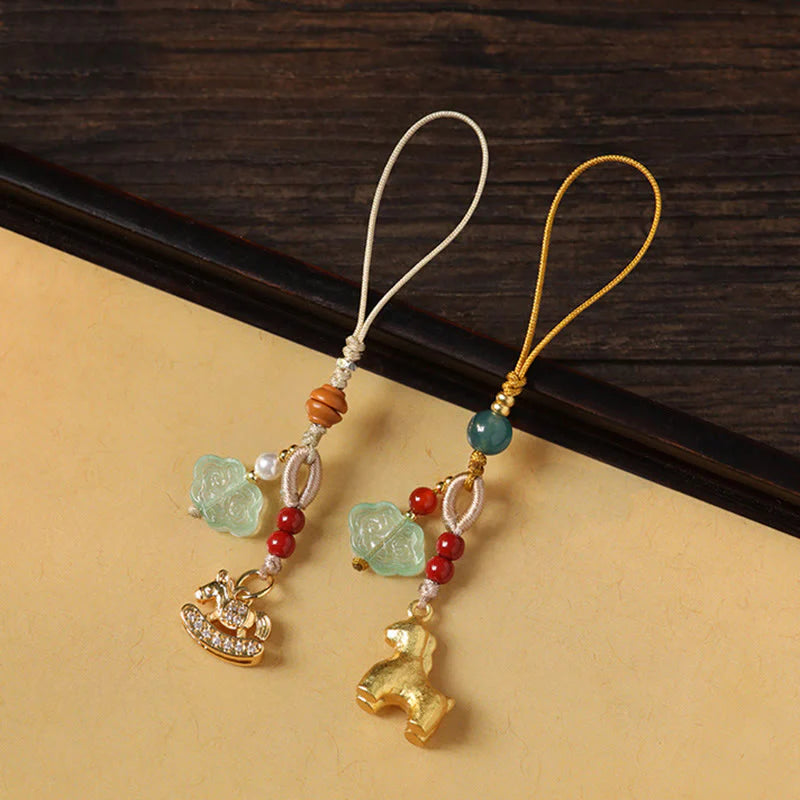 Buddha Stones Year of the Horse Copper Cinnabar Blue Chalcedony Red Agate Liuli Luck Phone Hanging Decoration