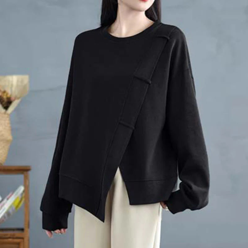 Buddha Stones Fall Solid Color Asymmetrical Design Crew Neck Long Sleeve Women's Cotton Sweatshirt