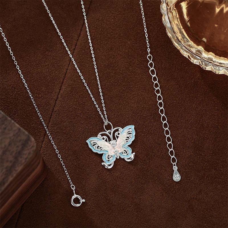 Buddha Stones 999 Sterling Silver Butterfly Blue Enamel Protection Necklace Pendant