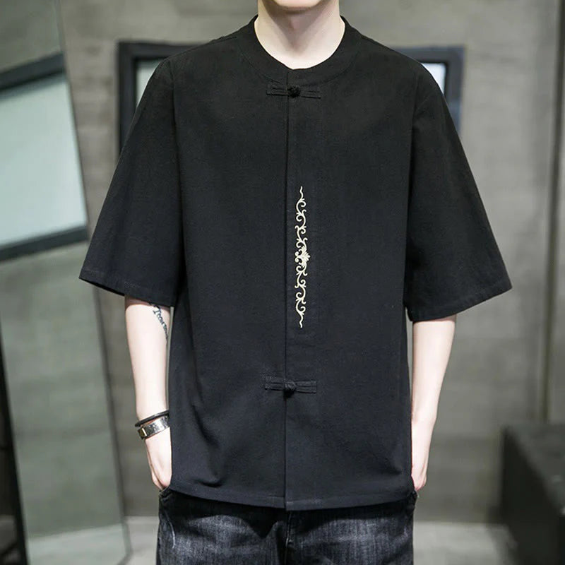 Buddha Stones Casual Solid Color Frog-Button Embroidery Men's Cotton Linen Shirt Cardigan